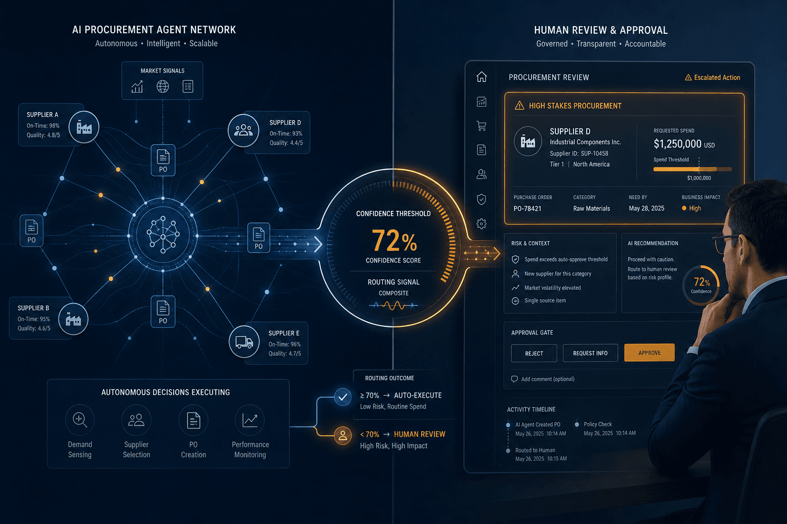 Split-frame illustration showing autonomous AI procurement agent network on the left and a human reviewer examining an escalation decision card on the right, connected by a confidence threshold dial in the center.