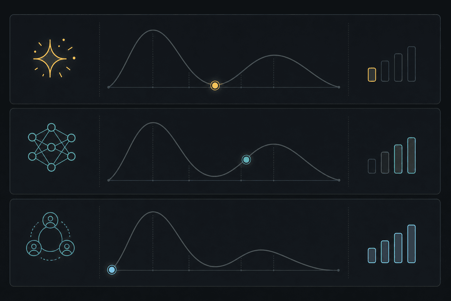 Three horizontal swim lanes showing GenAI in a downward valley zone (amber), traditional ML on an upward slope (teal-green), and agentic AI at the curve's starting point (light blue), each with faint hype-cycle arcs.
