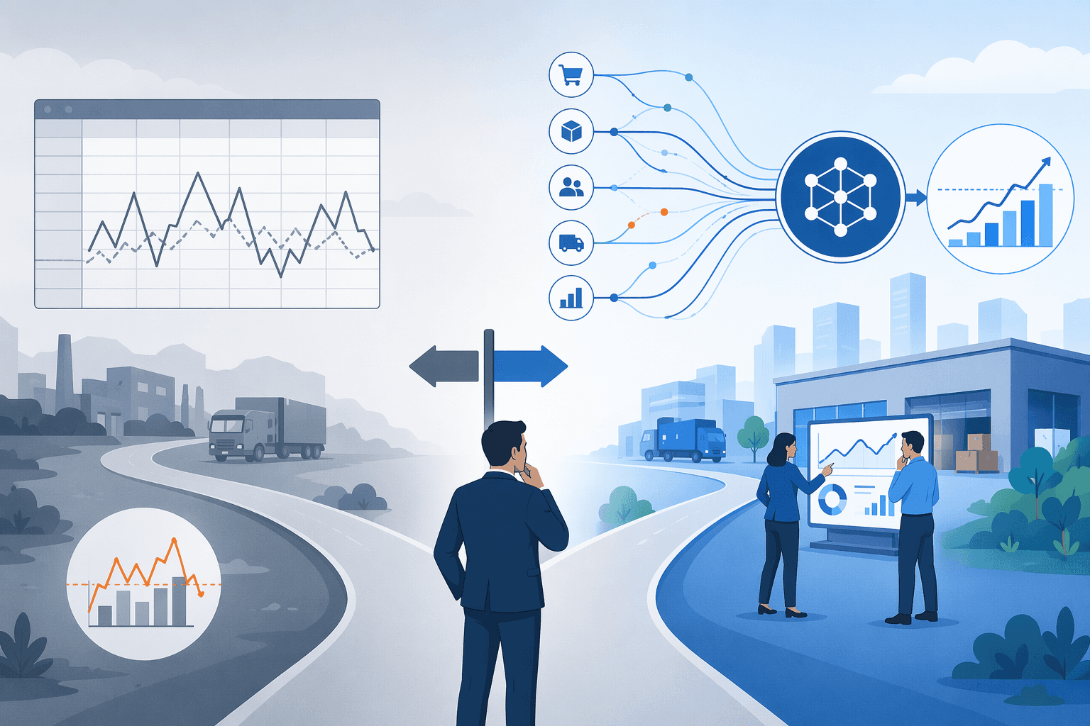 Split-scene illustration showing a supply chain executive at a decision point between traditional forecasting (left, with jagged error lines) and AI-powered forecasting (right, with flowing data streams and a modern model icon).