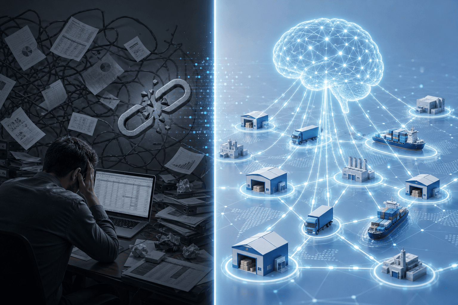 Split-field illustration: fragmented traditional supply chain on the left versus a connected AI-orchestrated network on the right.