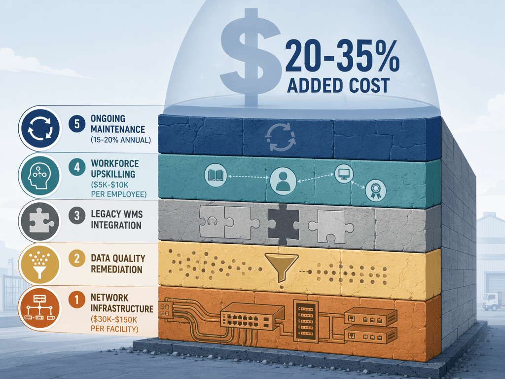 Flat vector illustration of five stacked cost layers forming a barrier with a dollar-sign and percentage overlay representing 20-35 percent added project cost.