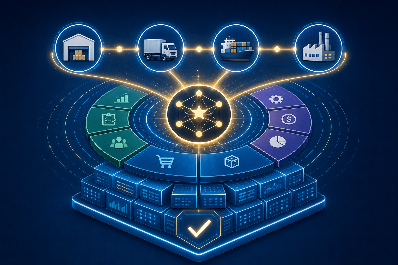 Illustration showing what top supply chain AI leaders do differently: end-to-end integration, broad organizational impact, and a data quality foundation.