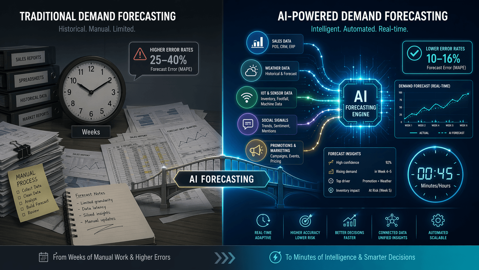 Split-comparison infographic showing traditional forecasting with 25-40% error on the left and AI-driven forecasting with 10-16% error on the right, connected by a central bridge label.