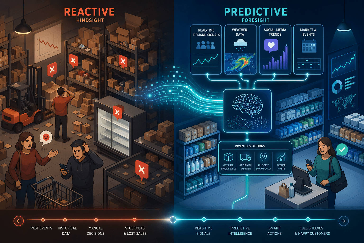 Split isometric illustration contrasting reactive retail supply chain on the left with predictive model on the right, connected by a glowing data stream.