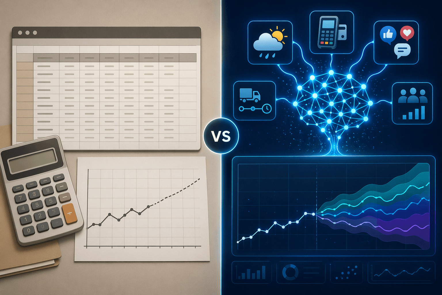 Split comparison illustration: left side shows a spreadsheet, calculator, and single-line forecast chart in muted beige tones representing traditional demand forecasting; right side shows connected data nodes (weather, POS, social media, supplier icons) feeding into a neural-network visualization with multi-line forecast chart and confidence bands in vibrant blue and teal tones representing AI-driven forecasting, separated by a vertical divider.