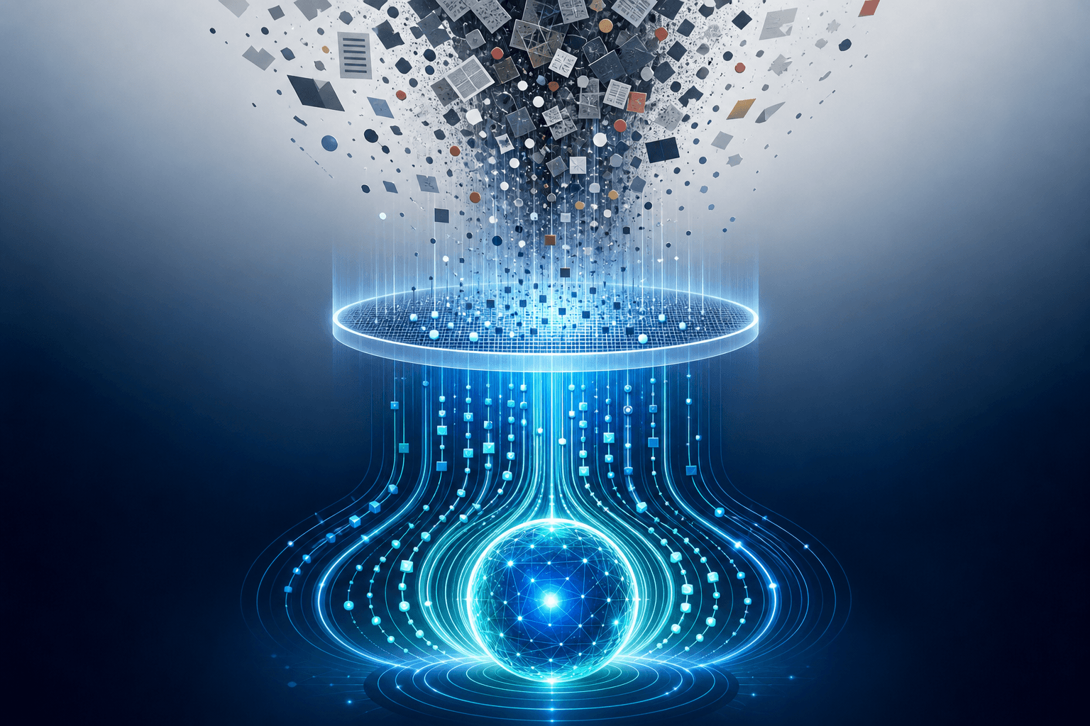 Abstract editorial funnel illustration with fragmented gray raw data pieces at top flowing into a glowing blue filter layer, then emerging as polished bright blue-teal structured data streams feeding into a glowing agentic AI node. Clean dark background with blue-to-teal palette.