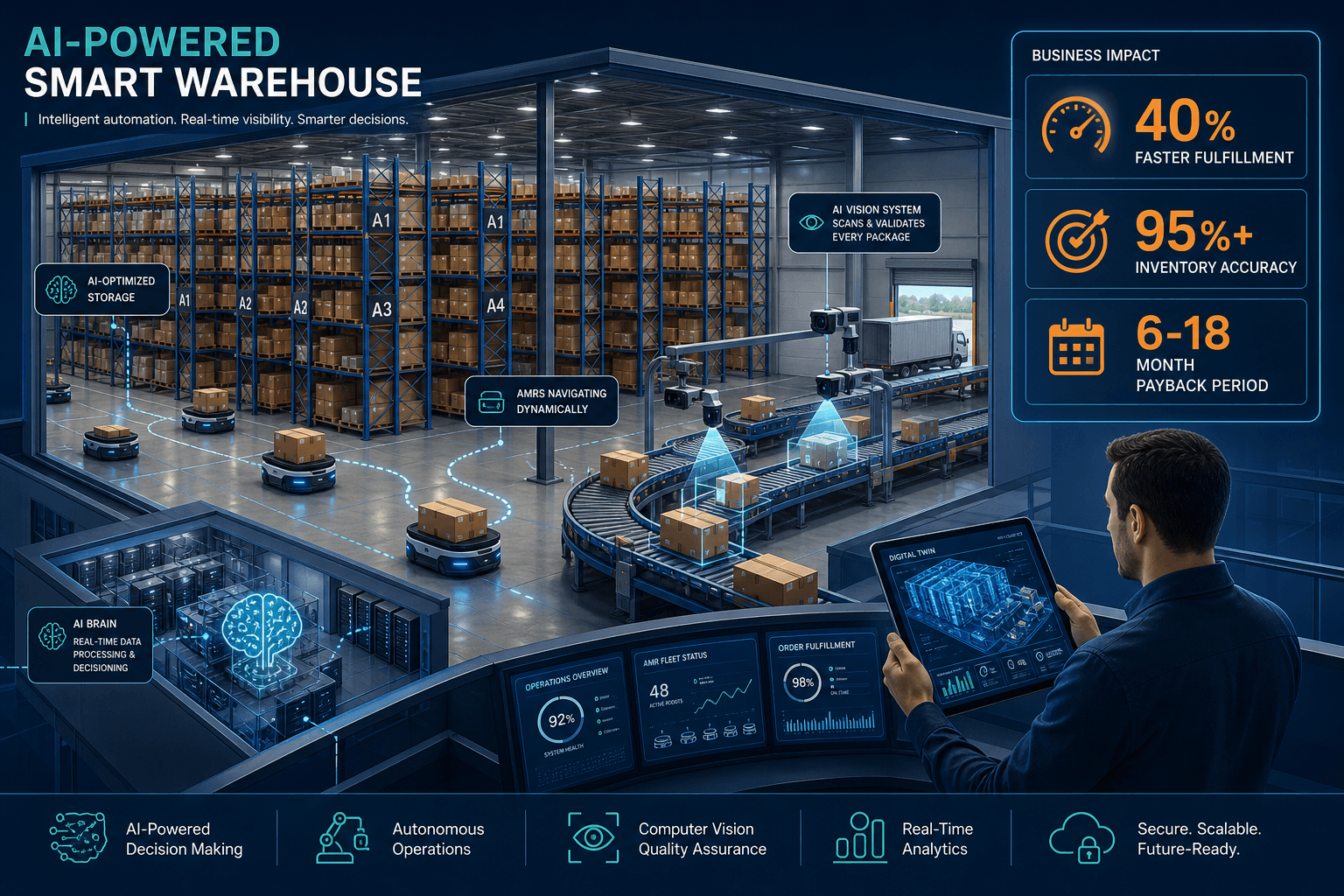 A cross-section illustration of a modern AI-powered smart warehouse with autonomous mobile robots, computer vision on conveyors, and a manager at a control station with a digital twin overlay on a tablet.