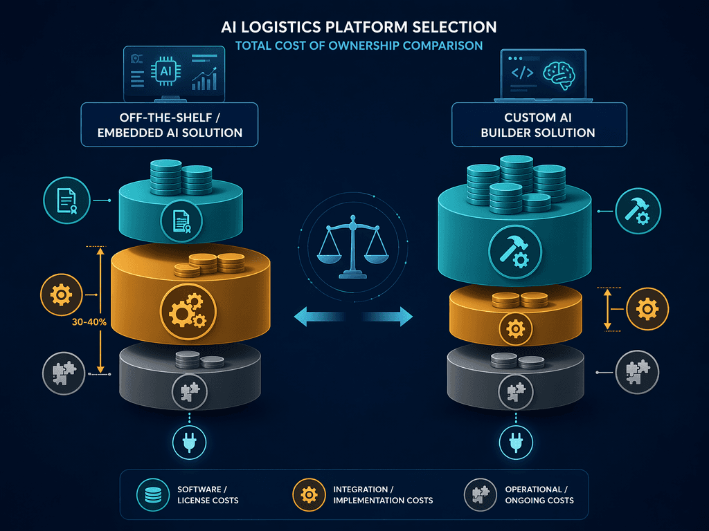 Side-by-side cost comparison illustration. Left stack shows moderate license fee blocks with a large integration layer segment; right stack shows higher upfront build blocks with a smaller integration segment. Coin stacks, gear icons, and plug icons represent cost components. Comparison arrows between the two columns. Navy background with teal and amber accents.