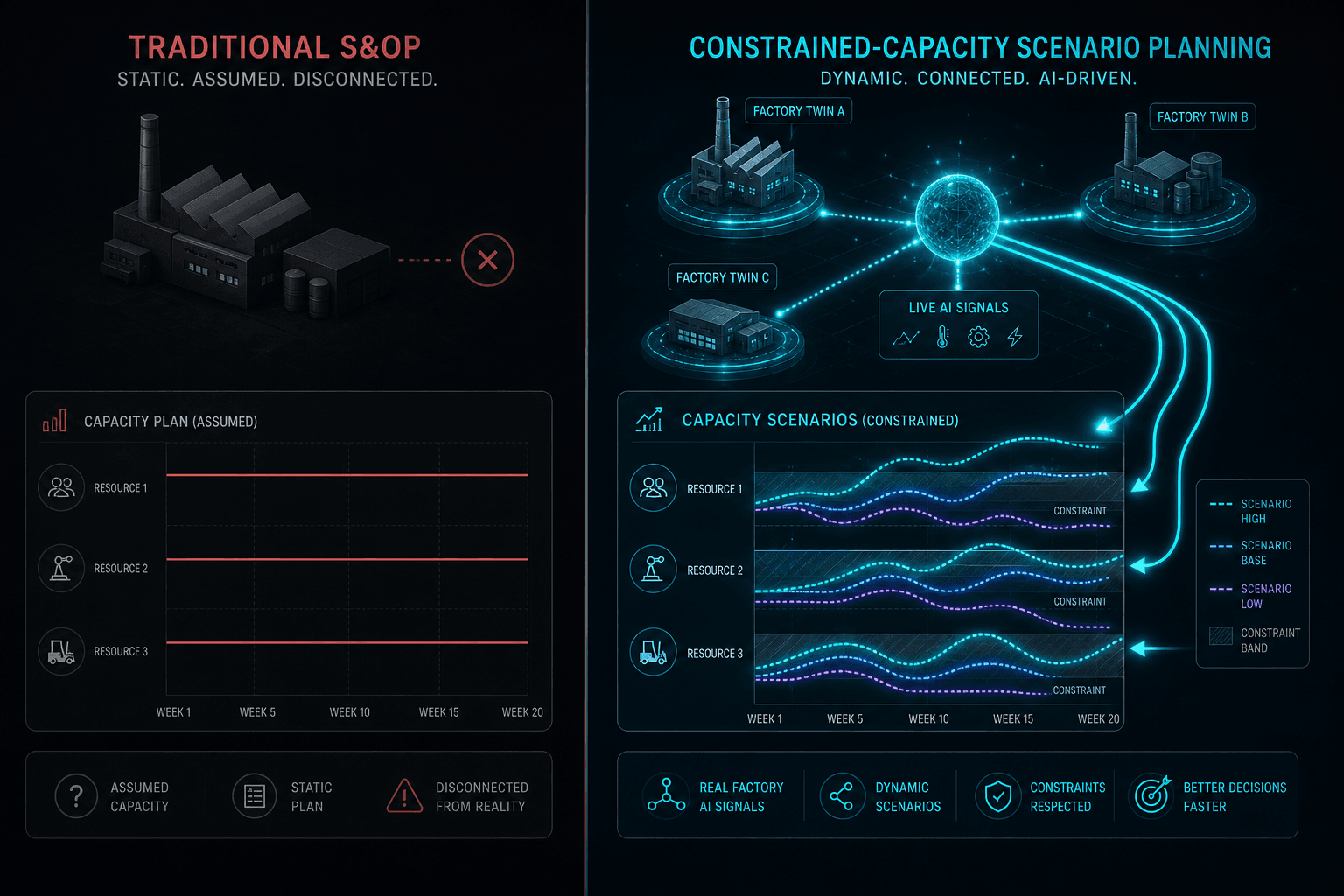 Split-panel comparison showing traditional assumed-capacity S&OP planning on the left in grey tones versus live constrained-capacity scenario planning with digital twin data on the right in teal and blue.
