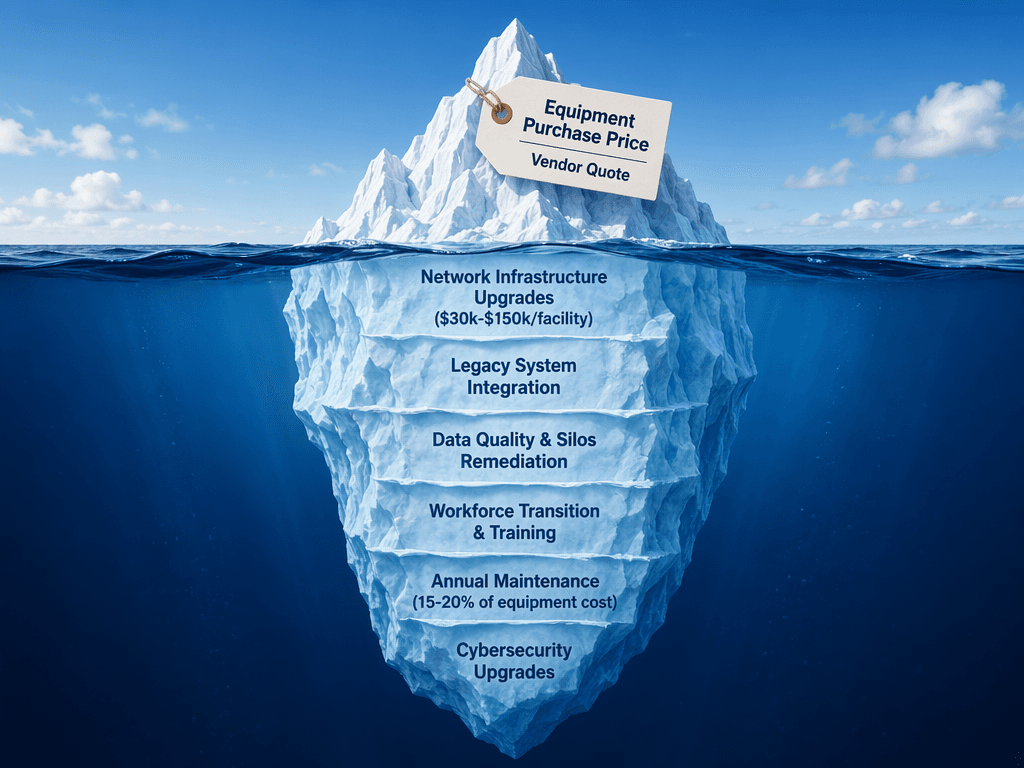 An iceberg concept illustration showing hidden warehouse automation costs above and below the waterline, with visible costs like equipment purchase price above and hidden costs like network upgrades, integration, and maintenance below.