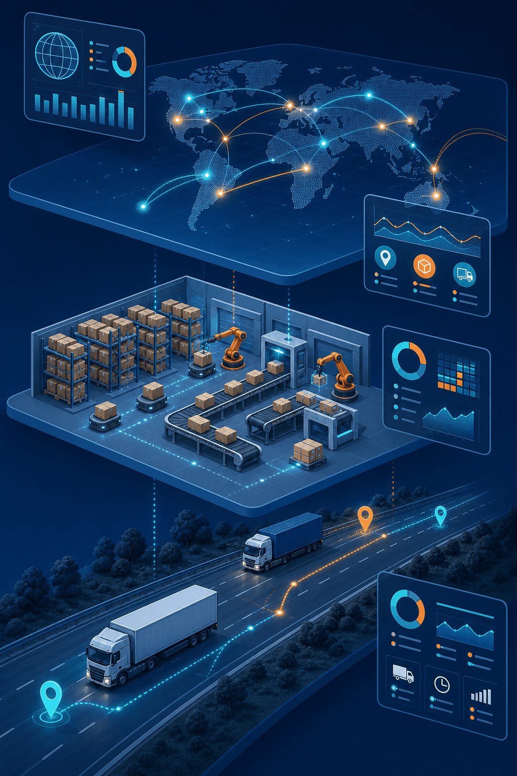 An isometric flat vector illustration showing three logistics layers in vertical progression: transport layer with delivery trucks and GPS route lines at the bottom, warehouse layer with automated robotic arms and parcel sorting in the middle, and supply chain orchestration layer with a global map and glowing data connection arcs at the top.