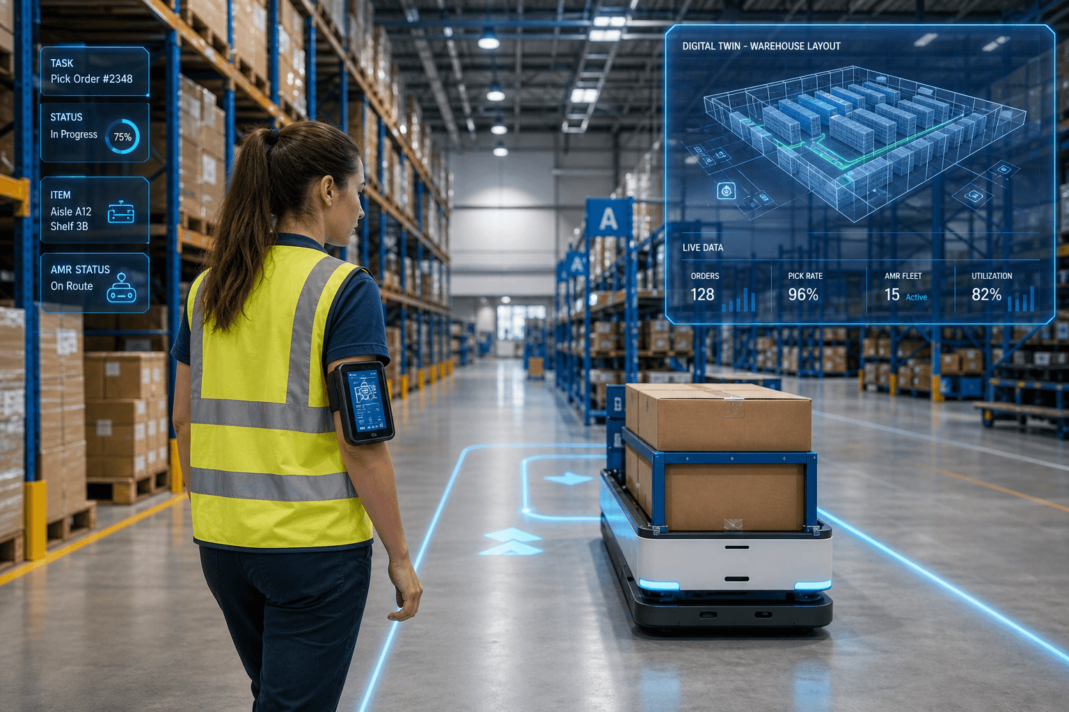 Wide-angle modern warehouse interior with an autonomous mobile robot navigating an aisle alongside a warehouse worker wearing a tablet interface, with glowing blue pick-path lines on the floor and a semi-transparent digital twin layout visualization floating in the upper right.