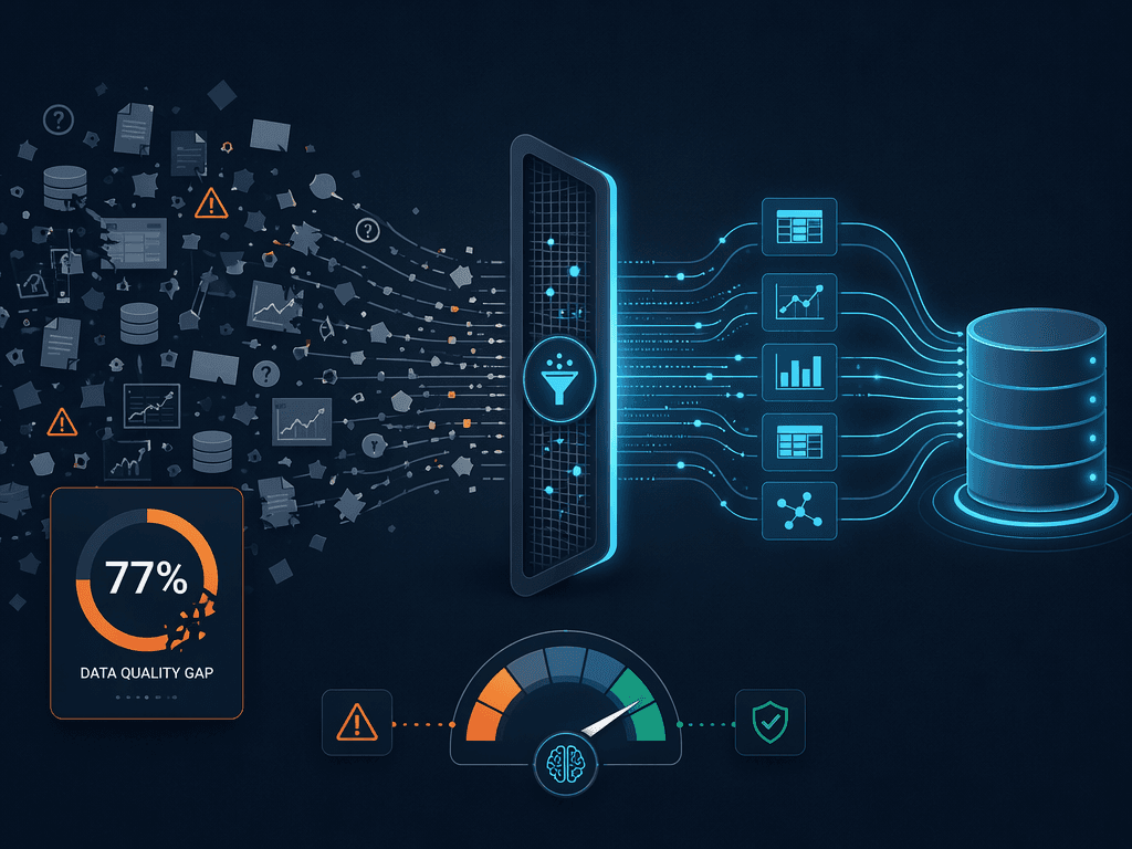 Split-screen data readiness illustration. Left side shows scattered gray data fragments with a warning indicator; right side shows clean organized glowing data streams flowing into a structured database. A central filter bridge separates the two sides. A readiness gauge icon sits below. Navy and teal color scheme.