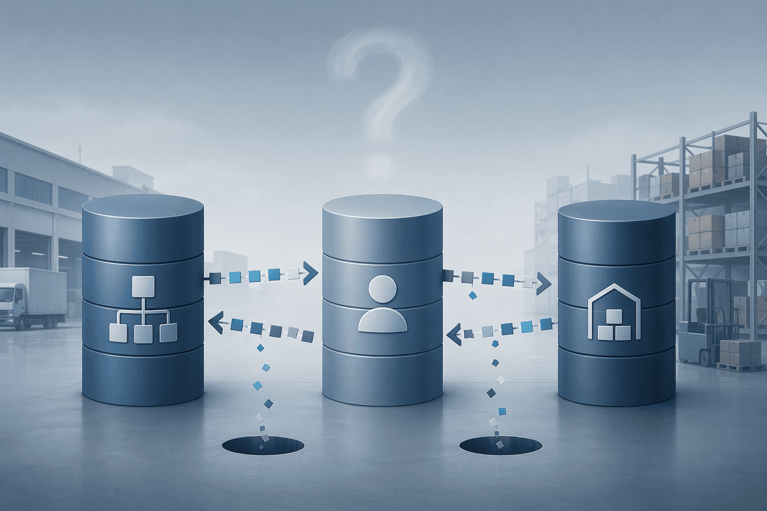 Three disconnected cylindrical silos representing ERP, CRM, and warehouse systems with broken data arrows and fragments falling into empty space.