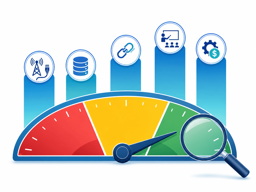 Editorial infographic showing a readiness gauge transitioning from red to green with five assessment pillars above it.