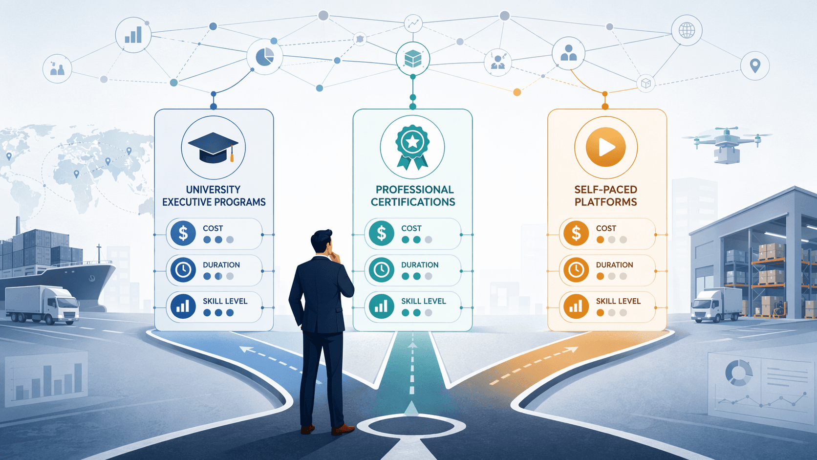 Supply chain professional at a branching decision point facing three columns labeled University Executive Programs, Professional Certifications, and Self-Paced Platforms.