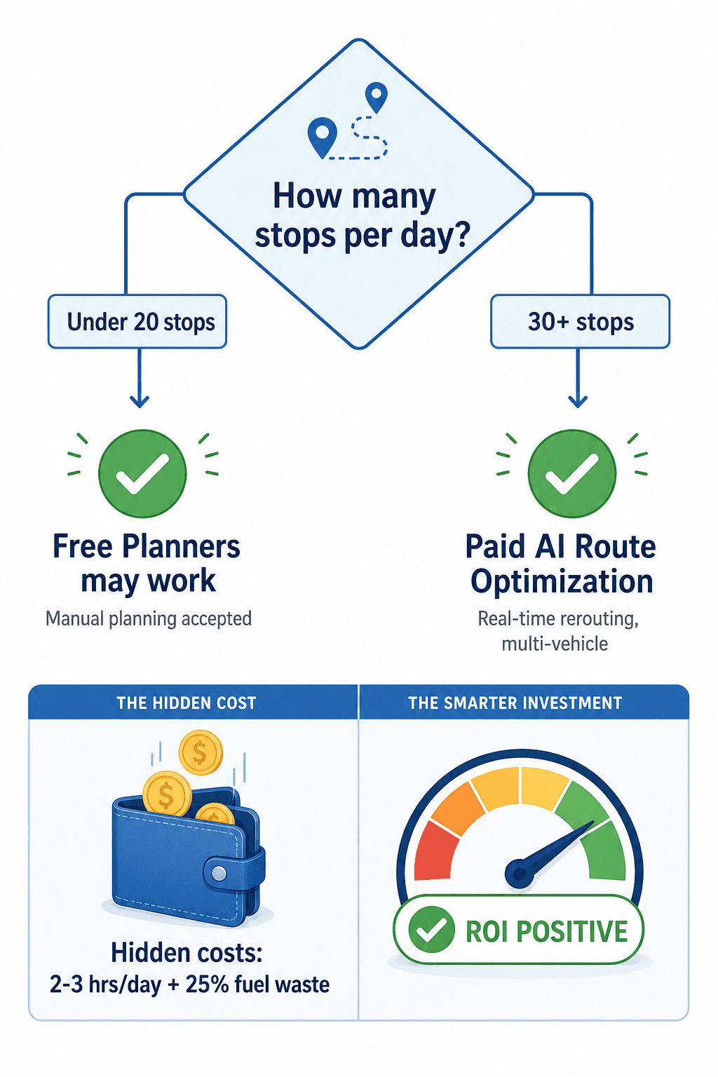 Decision flowchart: diamond shape with 'How many stops per day?' branches left to 'Under 20 stops' with checkmark and 'Free Planners may work — Manual planning accepted' and right to '30+ stops' with checkmark and 'Paid AI Route Optimization — Real-time rerouting, multi-vehicle'; bottom shows cost comparison with a wallet shedding coins labeled 'Hidden costs: 2-3 hrs/day + 25% fuel waste' and a gauge showing 'ROI positive' marker.