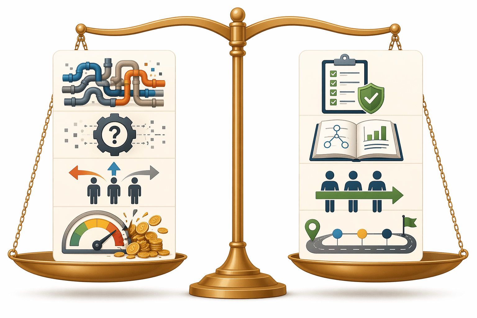Balance-scale comparison illustration with failure mode icons on one side (tangled data pipes, question mark gear, scattered arrows, overflowing cost meter) and mitigation icons on the other side (checklist shield, open book, unified group, phased budget roadmap).
