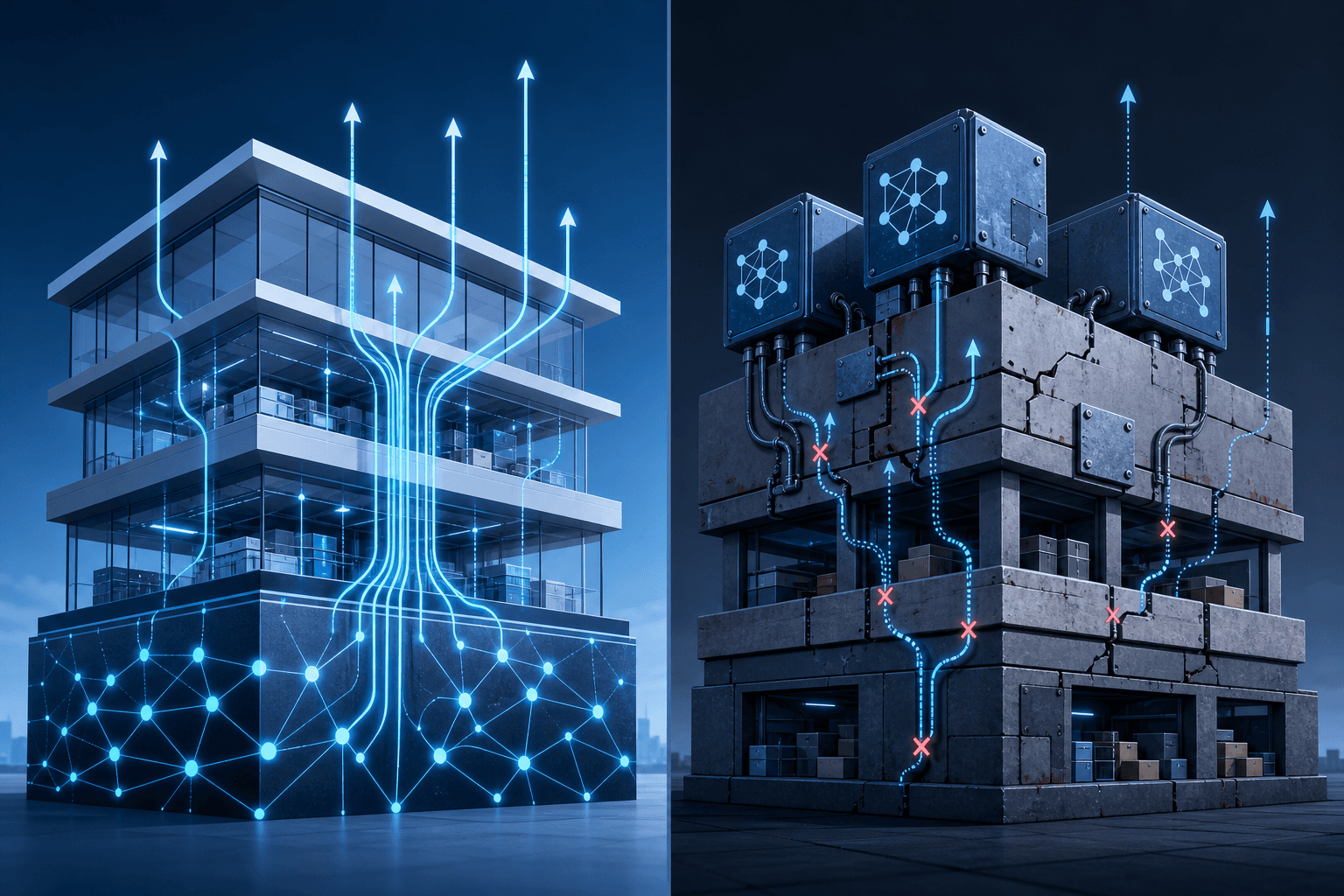 Split-screen illustration contrasting AI-native architecture on the left with a legacy platform with bolted-on AI modules on the right.