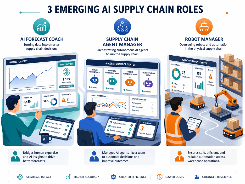 Three icon-based personas representing emerging AI supply chain roles: AI Forecast Coach, Supply Chain Agent Manager, and Robot Manager.