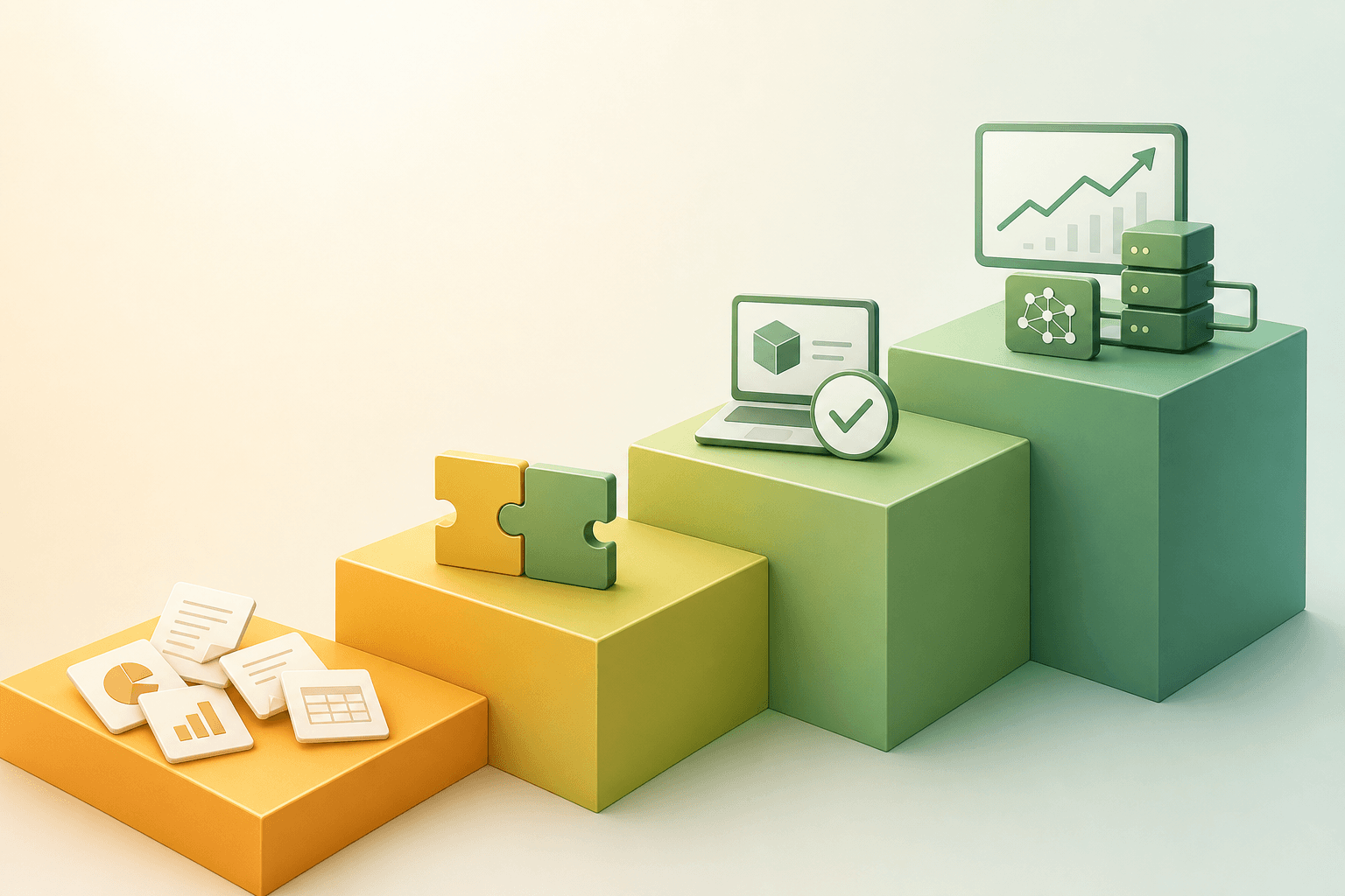 Four ascending geometric platform steps transitioning from warm amber to green: data assessment, organizational alignment, pilot-first approach, and scaled deployment.