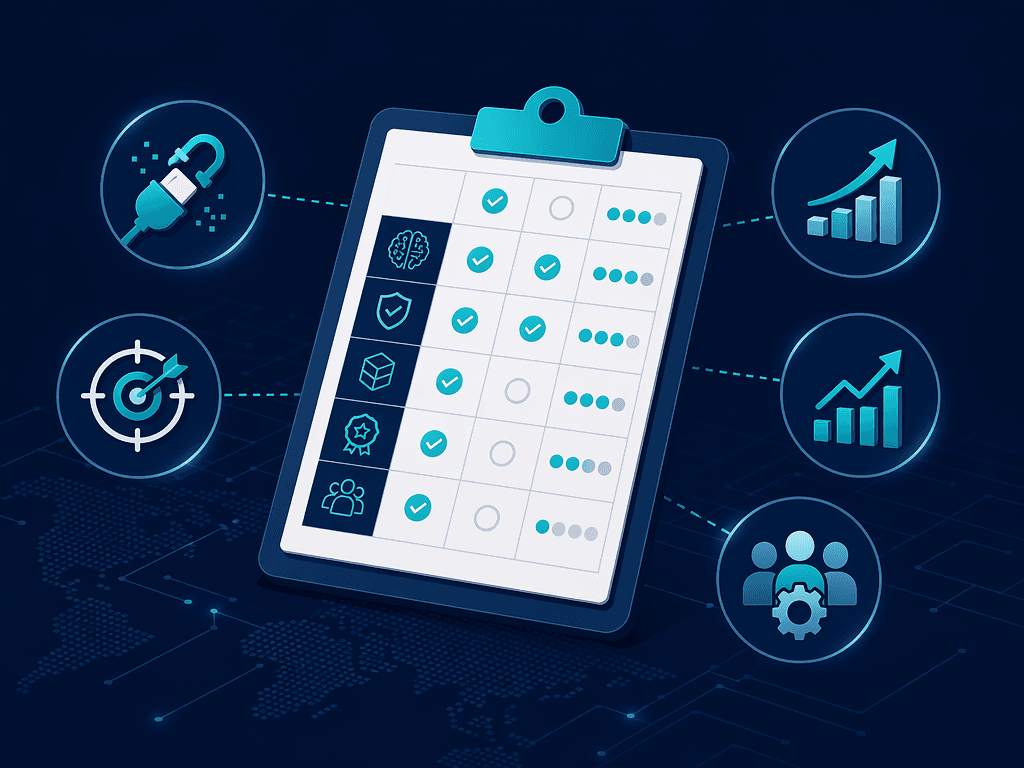 Flat illustration of a clipboard or tablet screen showing a structured evaluation grid with checkmarks and rating indicators. Surrounding icons: plug/link for data integration, target scope for use-case specificity, growth chart for scalability, bar chart with ROI arrow, and people icon with gear for change management. Navy background with teal checked items and gray unchecked items.
