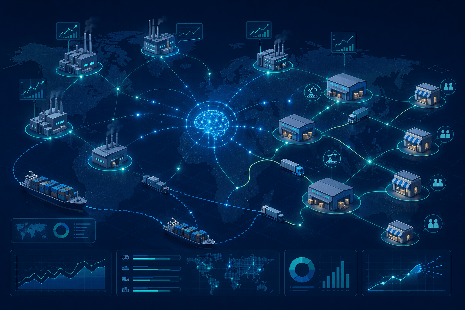 Dark navy editorial illustration of a global supply chain network map with factory nodes, warehouses, and shipping routes, overlaid with glowing teal AI data nodes and connection lines representing intelligent data flow augmenting supply chain decisions