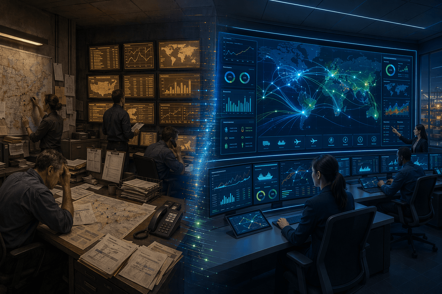 Split-scene composite illustration showing a traditional logistics operations center on the left with paper maps, clipboards, and static amber-lit screens, transitioning to a modern control room on the right with a large central display showing real-time shipment flows, glowing blue and green route heatmaps, predictive alert indicators, and a KPI dashboard for forecast accuracy and cost savings.
