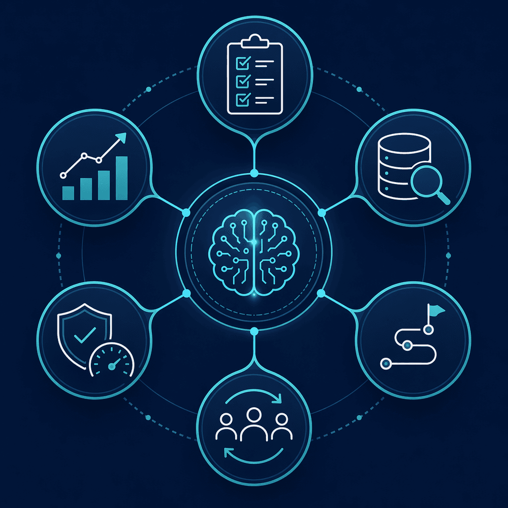 Hub-and-spoke framework illustration with a central 'AI Inventory Strategy' node connected to six surrounding elements: Use Case Prioritization, Data Readiness Assessment, Integration Roadmap, Change Management Plan, Governance and Model Monitoring, and ROI Measurement Framework.