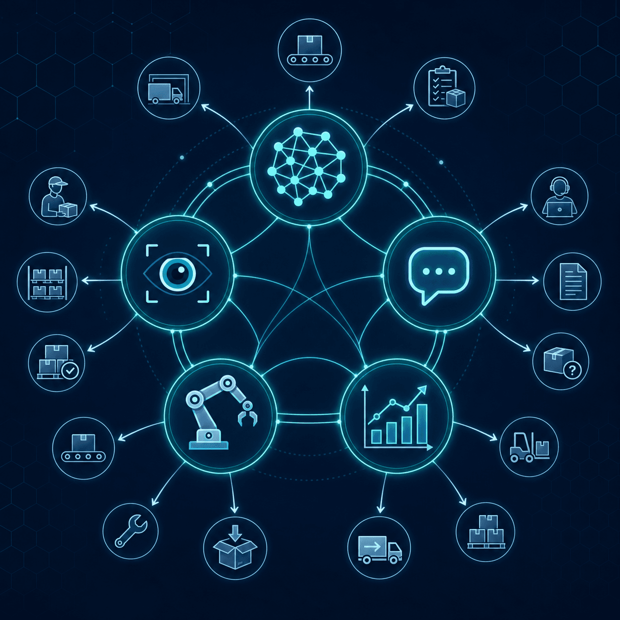 A circular ecosystem infographic showing five interconnected AI technology nodes: Machine Learning, Computer Vision, NLP, Robotics, and Predictive Analytics, with outward arrows pointing to warehouse function icons.