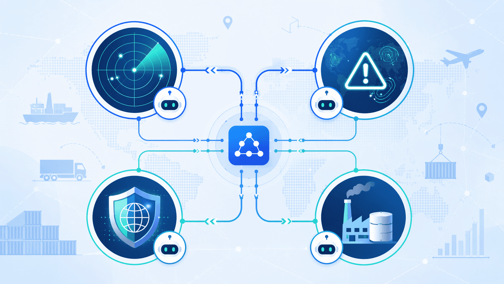 Four abstract geometric agent icons arranged in a connected grid: a radar scanning icon, an alert triangle icon, a shield with globe icon, and a factory storage icon, linked by flowing orchestration lines in blue and teal