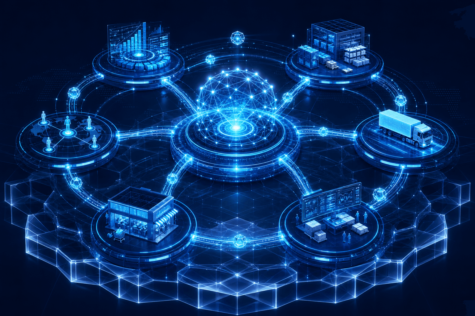 Dark navy editorial illustration of an enterprise supply chain intelligence platform with a central cognitive hub connected to six glowing nodes representing planning, warehousing, transportation, order management, retail, and network collaboration functions.