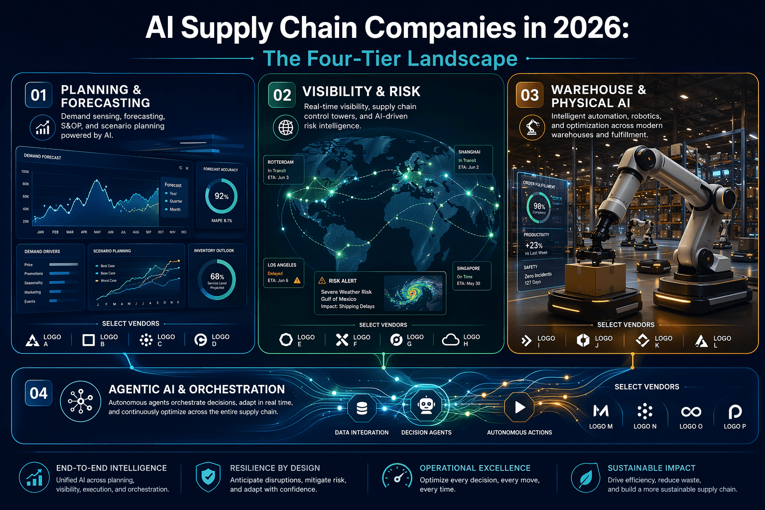 Split-composition infographic showing Planning & Forecasting, Visibility & Risk, and Warehouse & Physical AI zones connected by an Agentic AI & Orchestration banner.