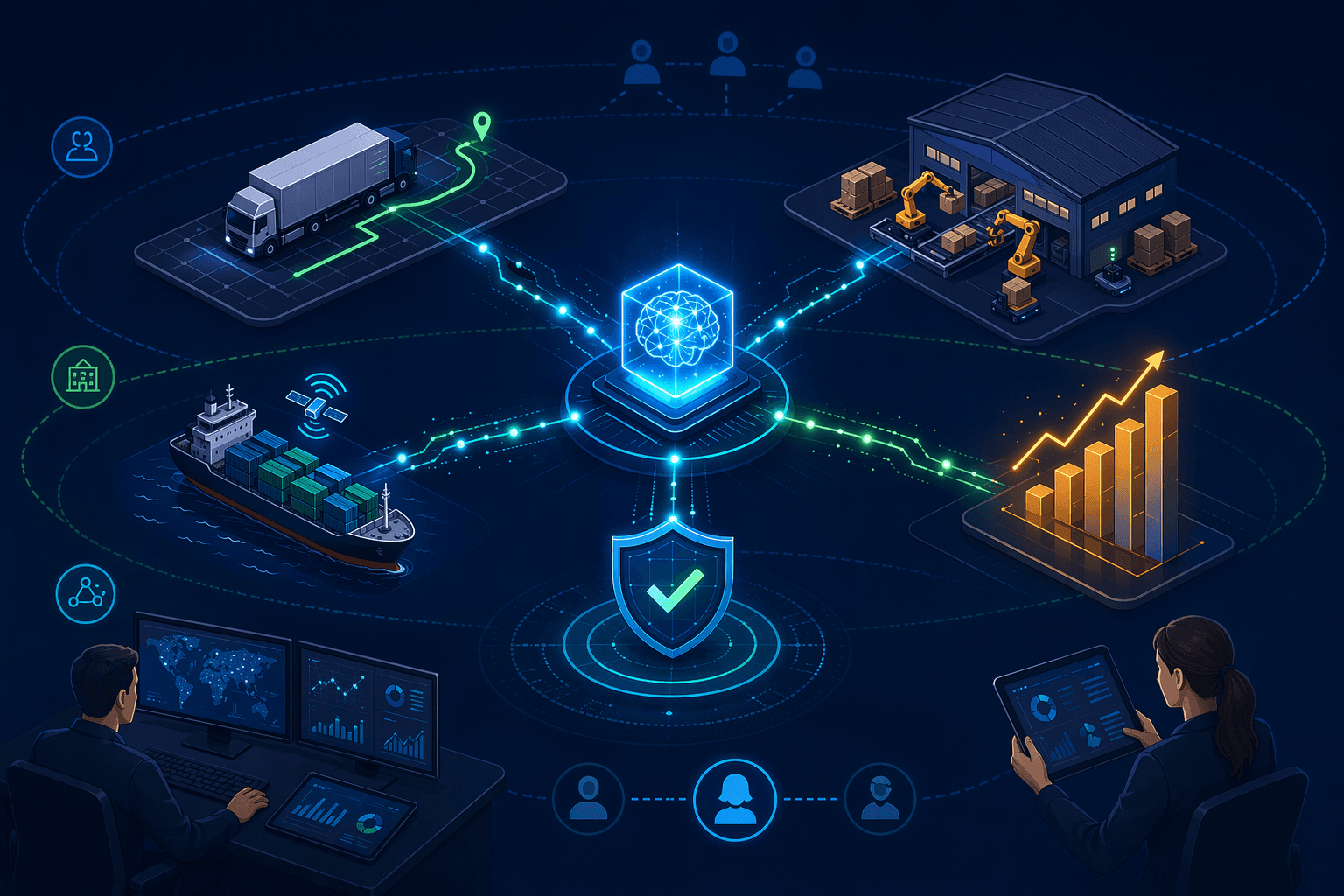 Flat isometric illustration with a glowing central AI hub node radiating cyan and green data lines to icons: delivery truck, warehouse with robotic arms, cargo ship with tracking signals, bar chart with upward trend, and shield with checkmark. Three faint orbital zones around the hub. Deep navy background with amber profit indicators.