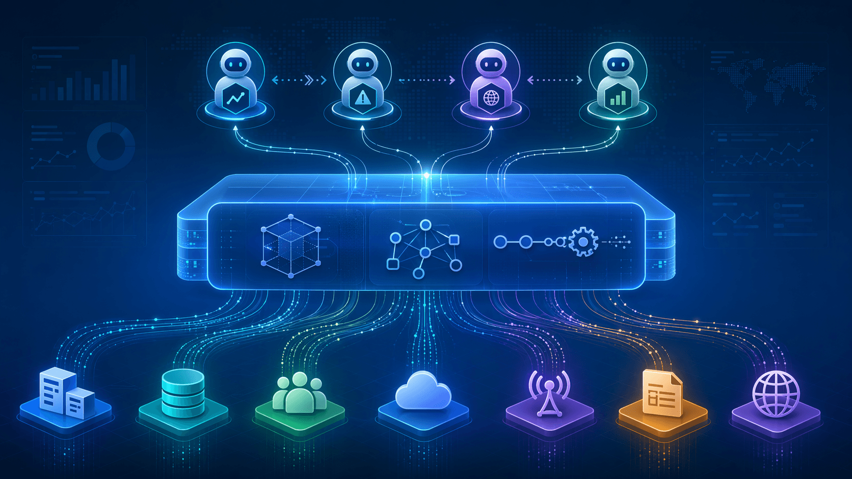 Editorial architecture diagram with colored data source icons at the bottom connected by flowing lines upward to a central glowing platform layer, then abstract agent icons arranged above in an orchestrated workflow pattern, all in blue and teal tones