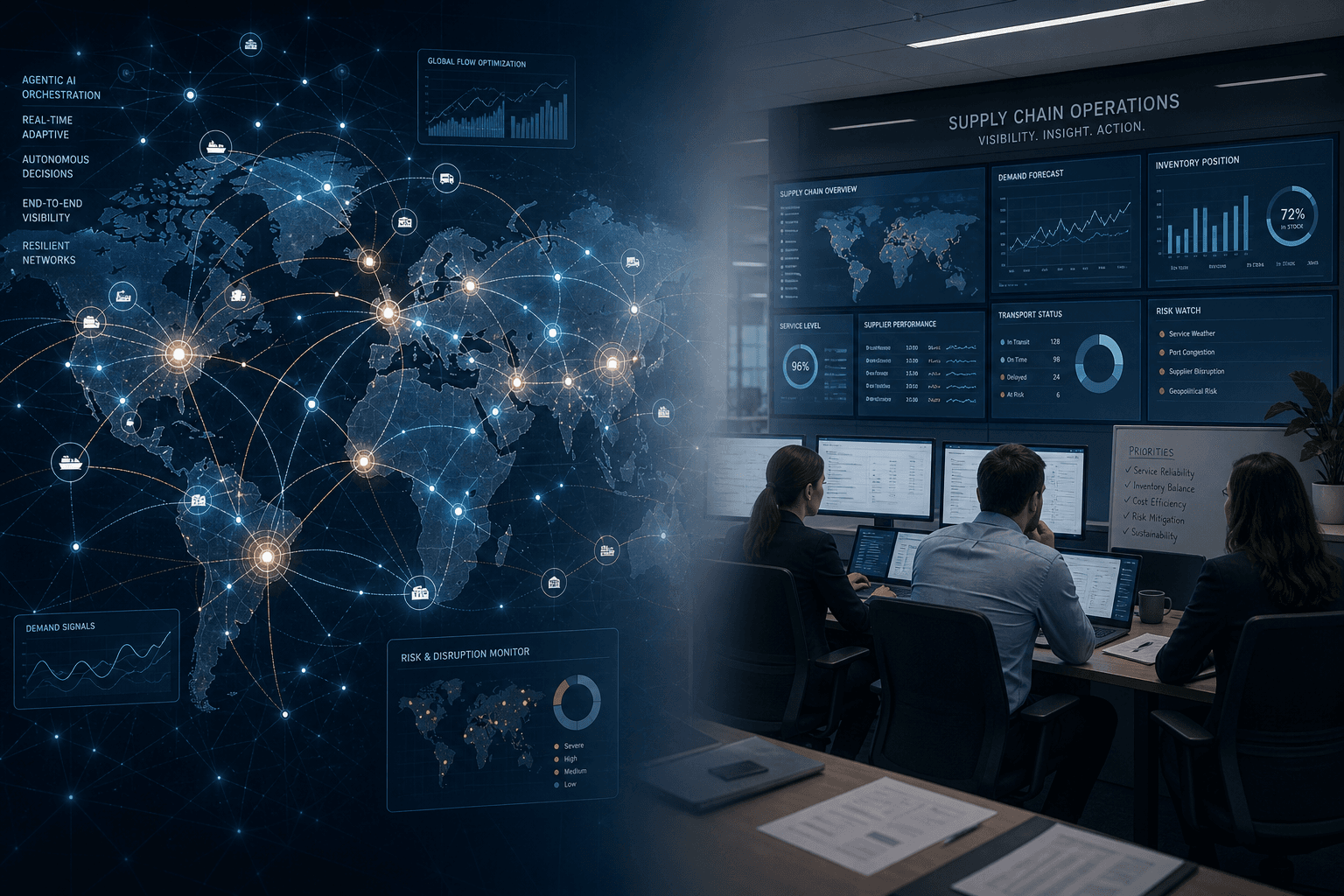 Split-screen composition contrasting an AI logistics network on the left with a human operations team studying dashboards on the right, representing the gap between market capability and organizational readiness.