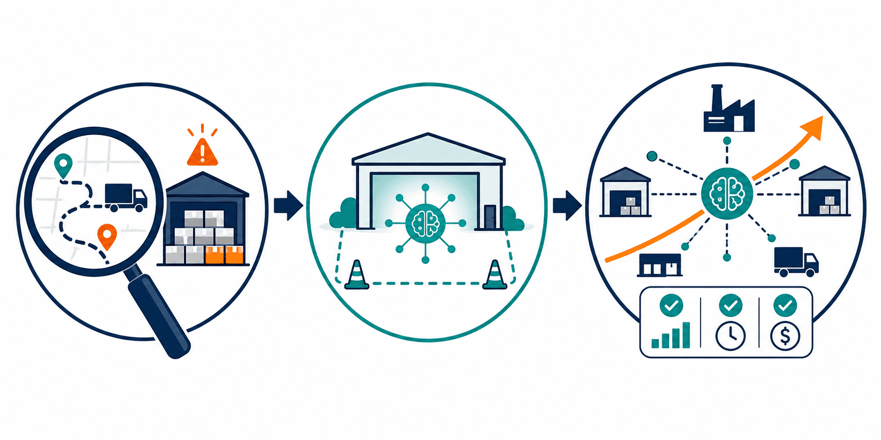 A clean flat vector infographic showing a three-stage deployment progression: Stage 1 shows a magnifying glass over an operational bottleneck icon, Stage 2 shows a controlled pilot environment with a glowing AI node, Stage 3 shows an expanding network with growth arrows and checkmark metrics.