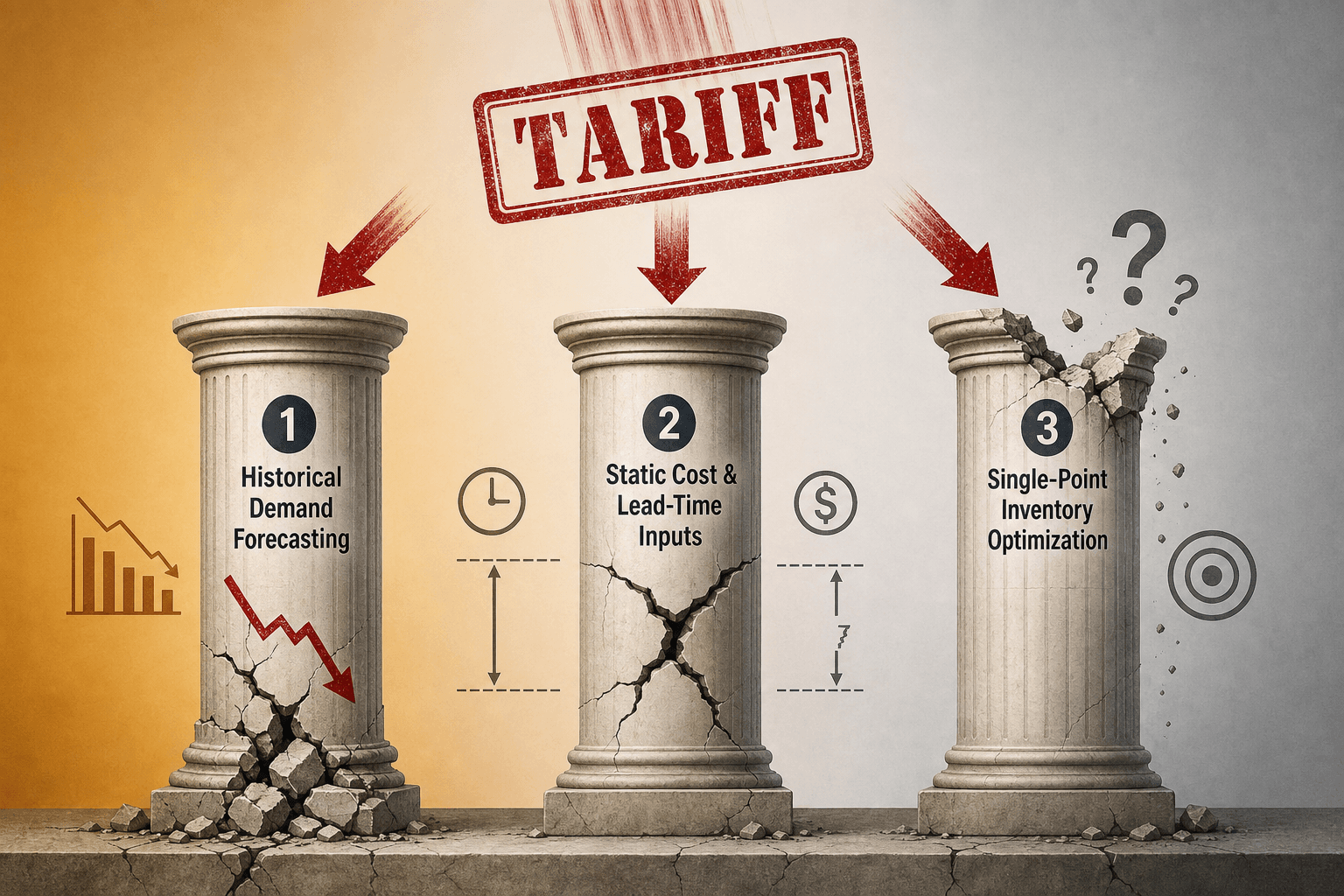 Editorial infographic showing three tall pillars labeled Historical Demand Forecasting, Static Cost and Lead-Time Inputs, and Single-Point Inventory Optimization, each with cracks and damage, while a red tariff-stamp icon strikes downward from above all three.