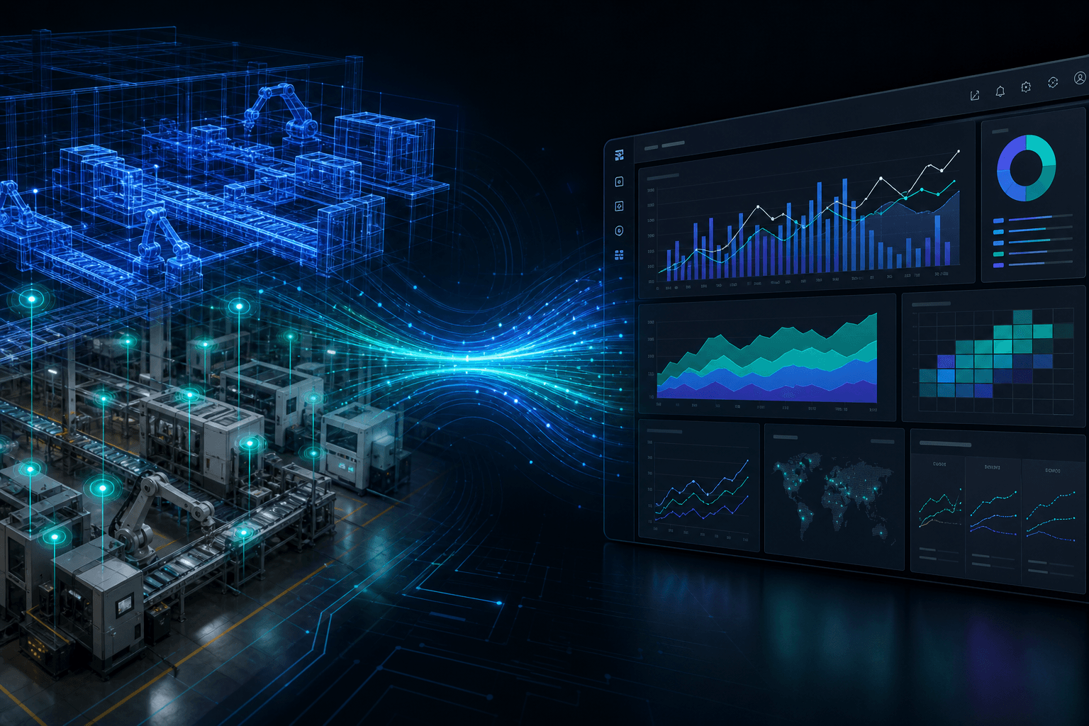 Split-frame illustration showing a factory floor with IoT sensor nodes and digital twin overlay on the left, connected by a luminous data pipeline to an enterprise S&OP planning dashboard on the right.