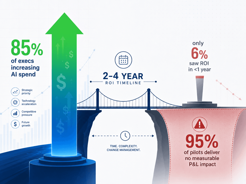 A data visualization showing the AI ROI paradox: on the left a large upward green-blue arrow with dollar signs and the label '85% of execs increasing AI spend', on the right a small thin bar and red faded zone representing 'only 6% saw ROI in less than one year' and '95% of pilots deliver no measurable P&L impact', with a bridge between them labeled '2-4 year ROI timeline'.