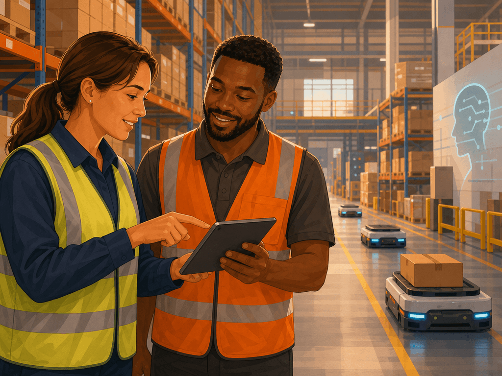 A warm editorial illustration of a warehouse floor manager and a warehouse worker in safety vests standing together looking at a tablet, with autonomous mobile robots moving in the background.