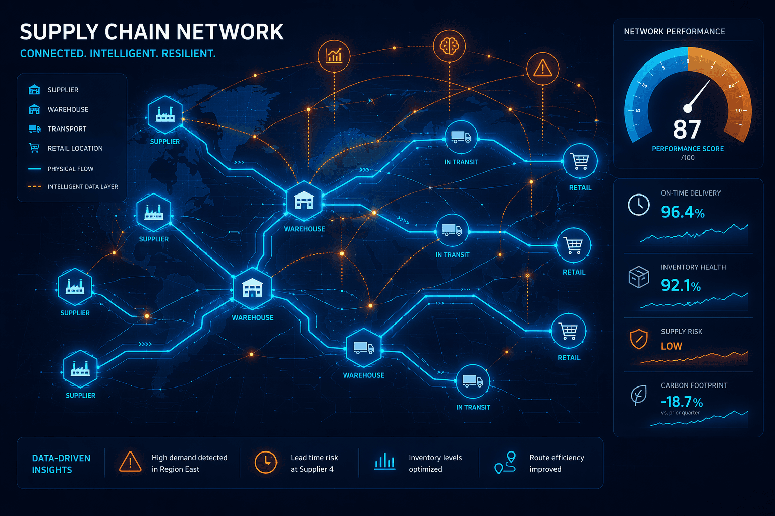 Abstract schematic supply chain network with glowing nodes representing suppliers, warehouses, trucks, and retail locations connected by translucent blue data streams, with an orange intelligent data layer hovering above the physical network and a gauge indicator in the corner showing that only 23% have a formal AI strategy.