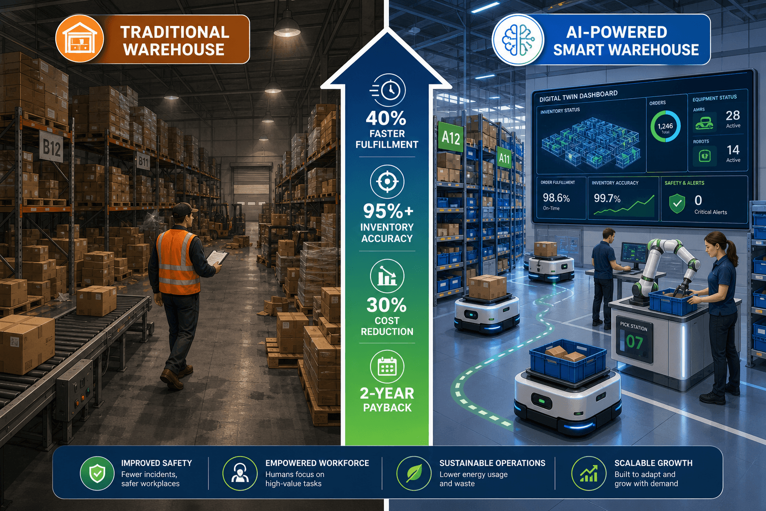 Split-screen editorial vector illustration contrasting a dim traditional warehouse with a worker using a clipboard against a bright AI-powered smart warehouse with autonomous mobile robots, collaborative picking, a digital twin dashboard, and a central arrow bridge showing key ROI metrics including 40% faster fulfillment, 95%+ inventory accuracy, 30% cost reduction, and 2-year payback.