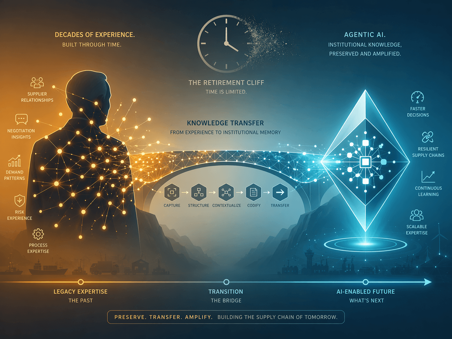 Abstract editorial illustration showing a silhouetted older professional on the left with glowing interconnected knowledge nodes radiating outward and a fading clock above. On the right, a clean diamond-shaped AI agent symbol with internal processing nodes. A bridge-like structure connects both sides, with knowledge nodes flowing from human to agent across a warm-amber to cool-cyan timeline gradient.