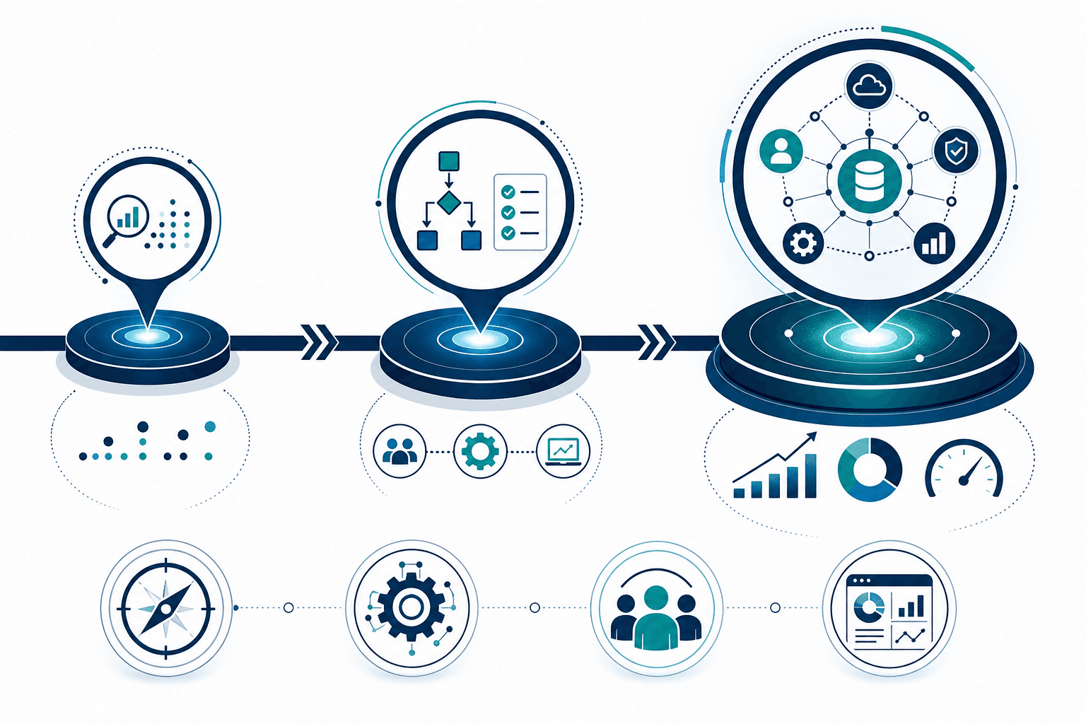 Editorial illustration of a horizontal transformation roadmap timeline with three connected milestone nodes at 30 days, 90 days, and 12 months, growing in complexity and scale, with four owner role badges below showing business, technology, change, and value icons
