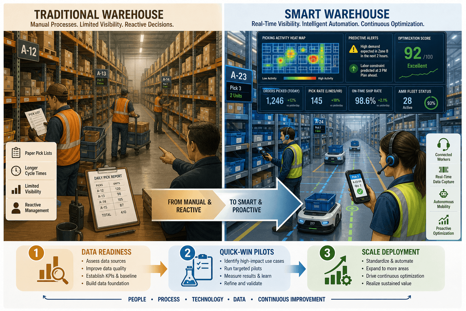 Split-diagram illustration comparing a traditional rules-based warehouse on the left with an ML-driven proactive warehouse on the right, connected by a bridge labeled Data Readiness to Quick-Win Pilots to Scale Deployment.