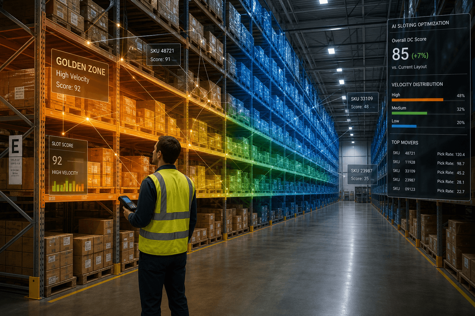 A conventional distribution center interior with long metal racking aisles and a worker holding an RF scanner, overlaid with a digital heat map showing warm-colored high-velocity zones near the pick face and cooler zones further down the aisles.