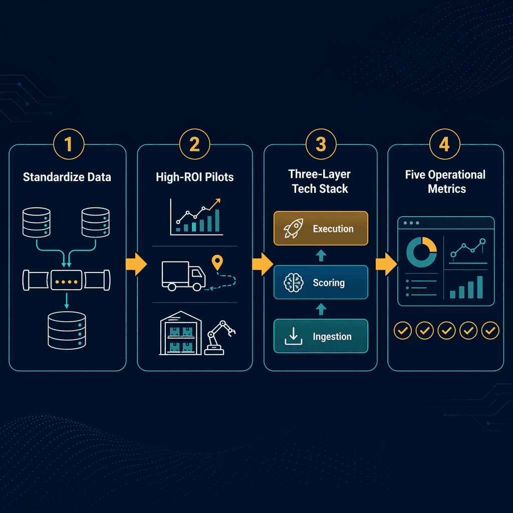 A horizontal four-stage implementation roadmap infographic: Stage 1 'Standardize Data' with connected database icons, Stage 2 'High-ROI Pilots' with demand forecast chart, truck, and warehouse icons, Stage 3 'Three-Layer Tech Stack' showing ingestion, scoring, and execution layers, and Stage 4 'Five Operational Metrics' with a dashboard icon and checkmark badges, all connected by arrows against a navy and teal background with amber accents.