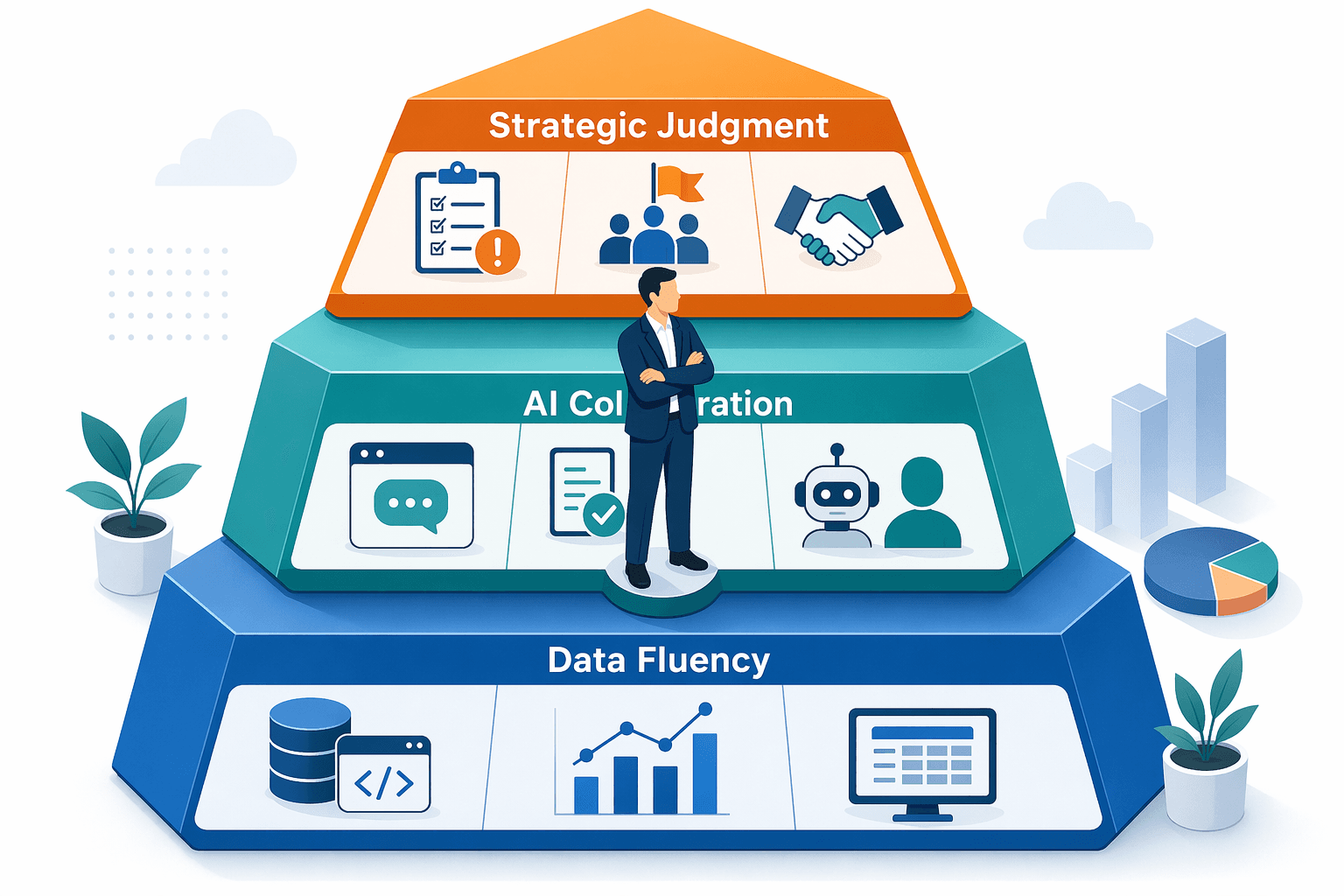 A three-layer capability pyramid with data fluency at the base, AI collaboration in the middle, and strategic judgment at the top.