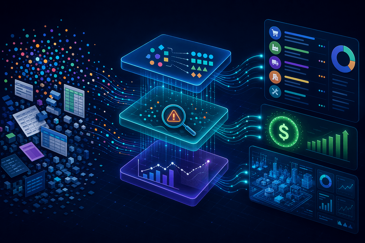 A flat isometric illustration showing a data transformation pipeline from chaotic raw spend data through three ML processing layers to organized spend categories and a digital twin dashboard.